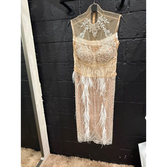 Marwan Midi Dress with Feathered Skirt and Sweep Train - Picture 3 of 7